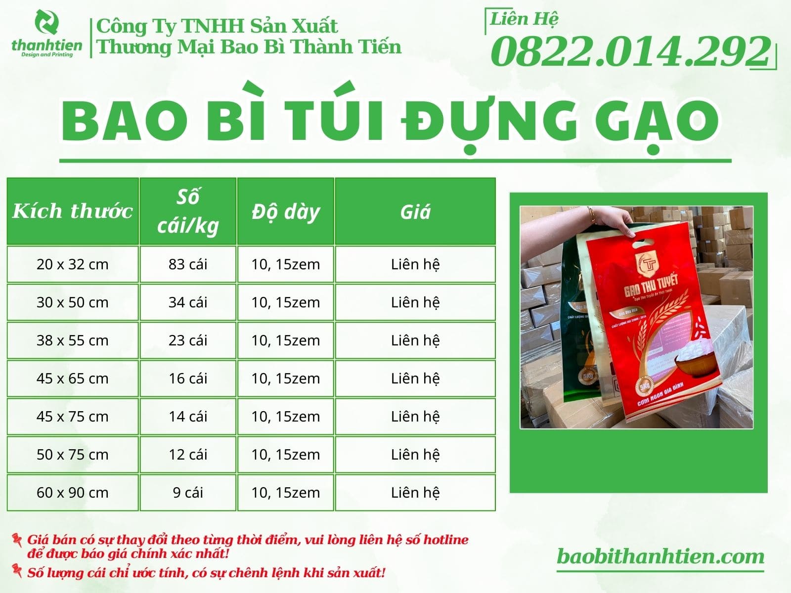 bảng báo giá bao bì túi đựng gạo tại Thành Tiến