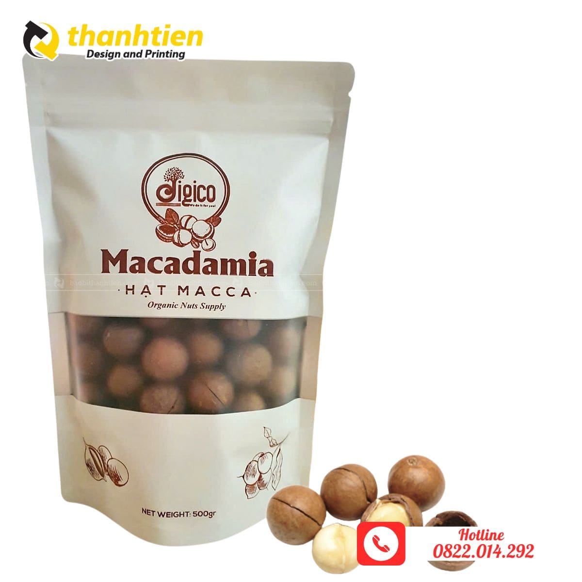 Túi zip giấy kraft có cửa sổ đựng hạt macca