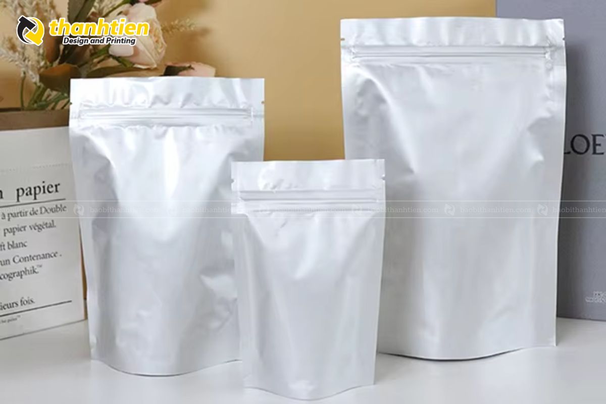 Túi zipper đáy đứng 2 mặt bạc