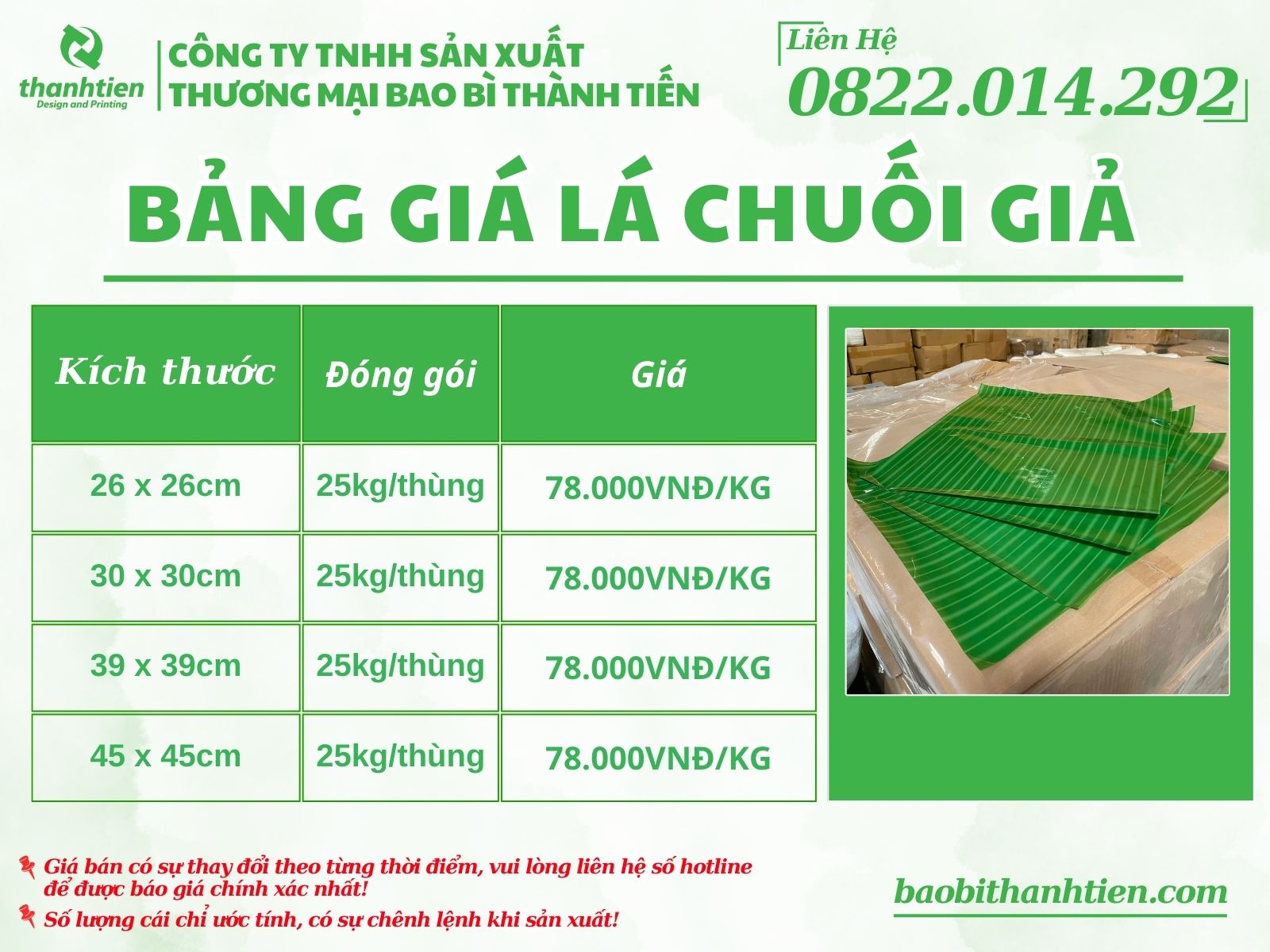 Bảng báo giá lá chuối giả tại Bao Bì Thành Tiến