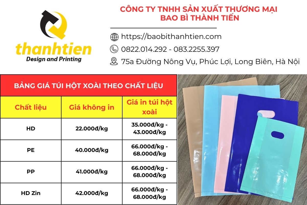 Bảng báo giá túi hột xoài theo từng chất liệu