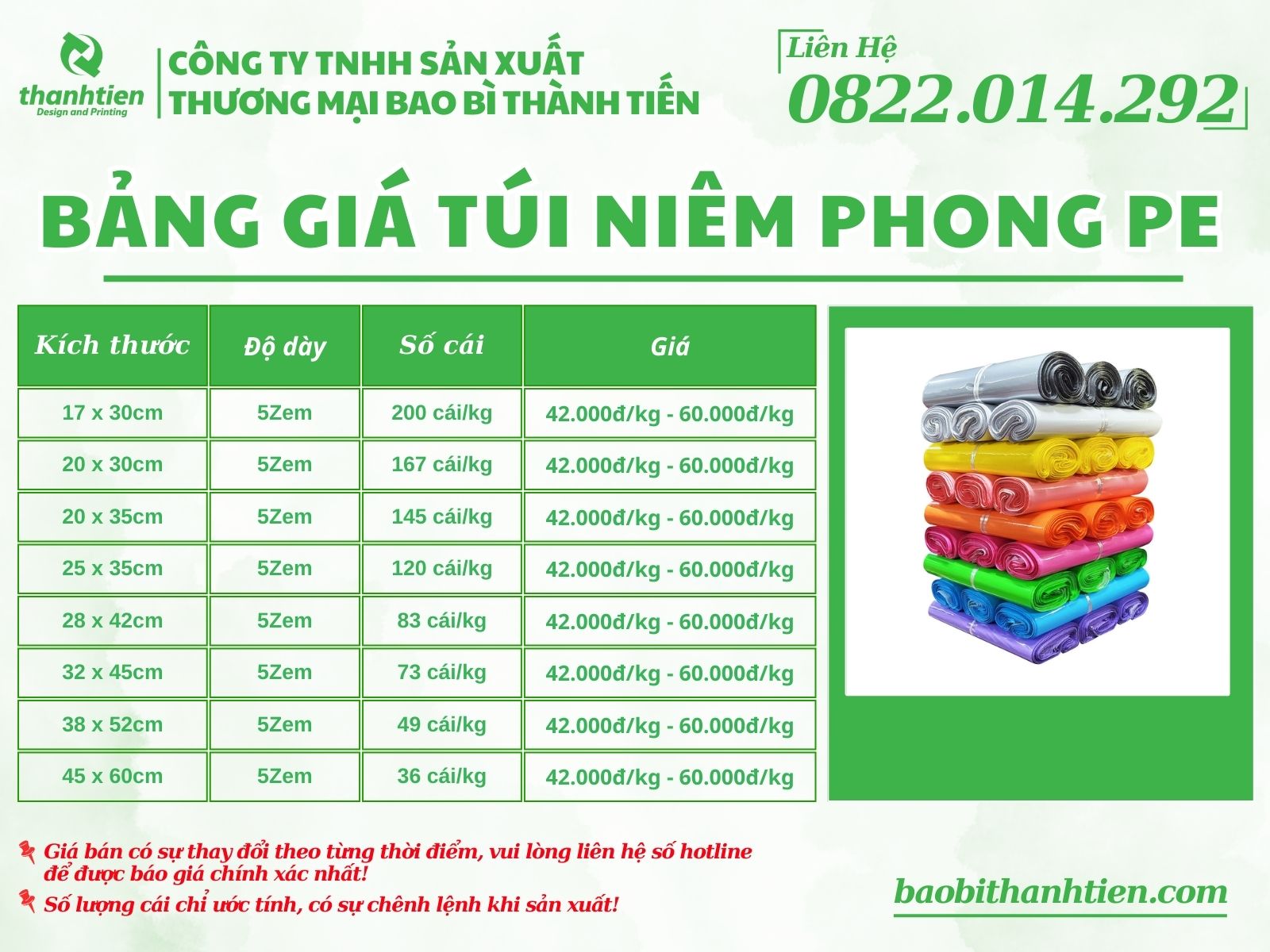 Bảng giá túi niêm phong đóng hàng tại Bao Bì Thành Tiến