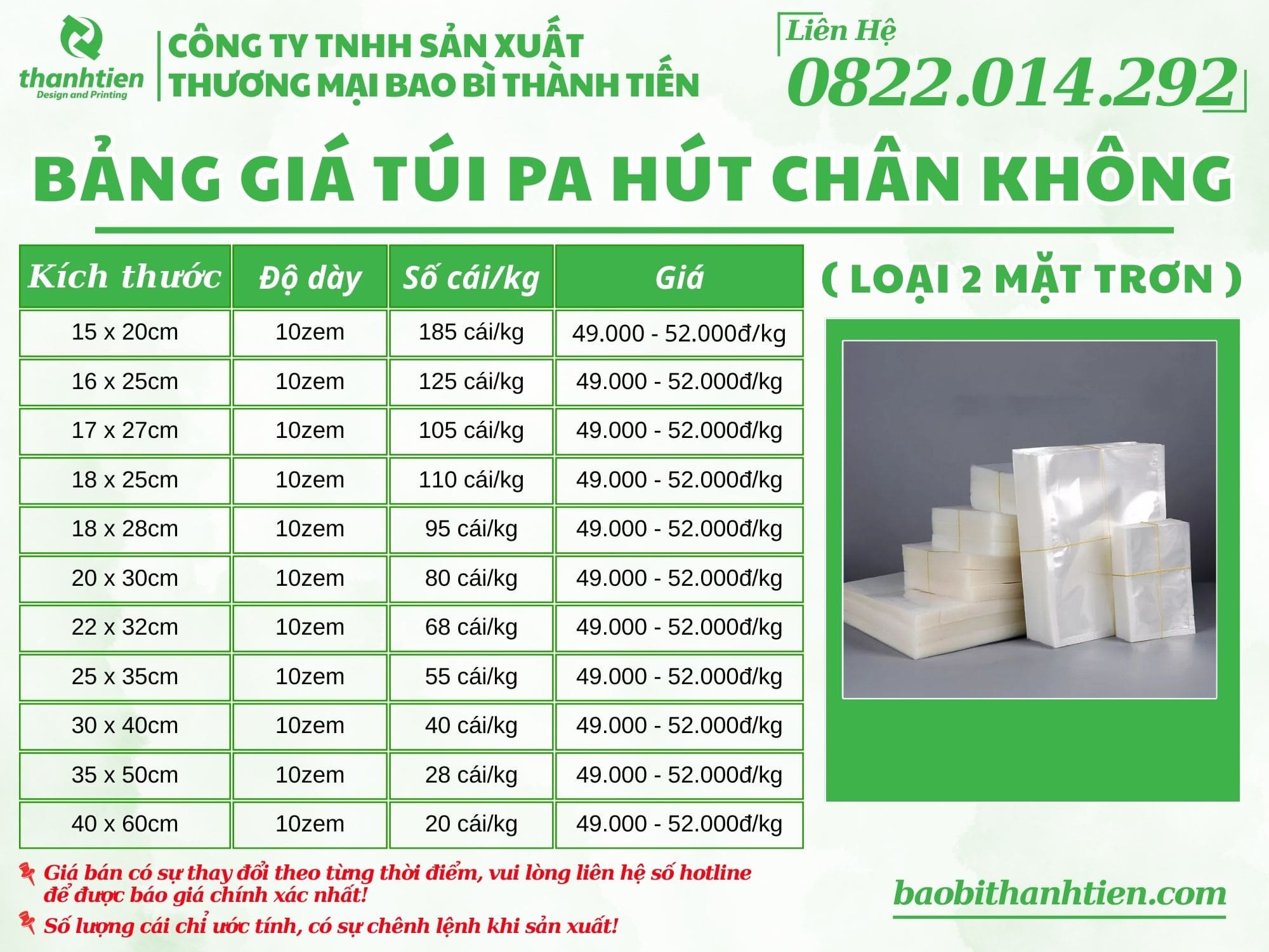 BẢNG GIÁ TÚI PA HÚT CHÂN KHÔNG TẠI BAO BÌ THÀNH TIẾN