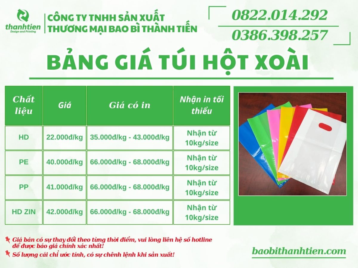 Bảng báo giá túi hột xoài theo từng chất liệu