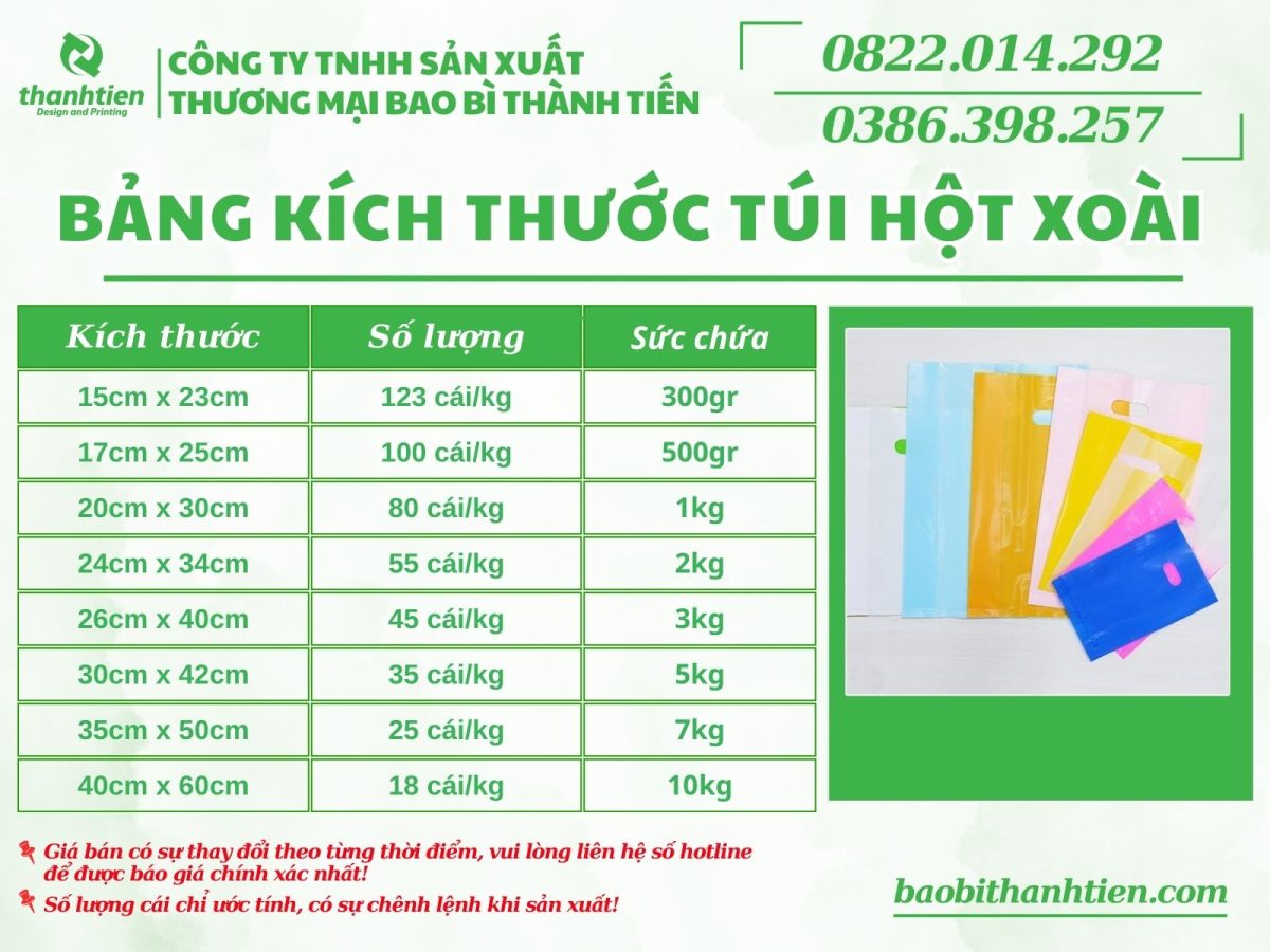 bảng kích thước túi hột xoài thông dụng